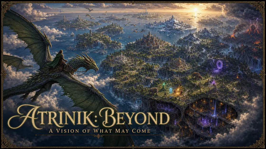Fantasy poster titled ‘Atrinik: Beyond — A Vision of What May Come,’ showing a dragon rider above floating realms of cities, ice, fire, and magic.