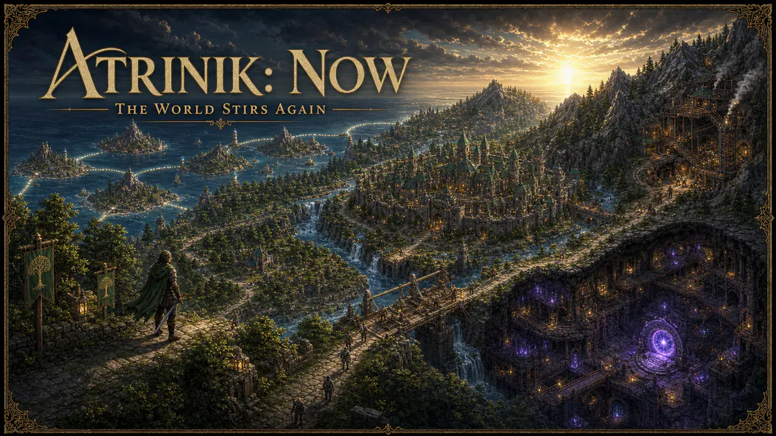 Fantasy poster titled ‘Atrinik: Now — The World Stirs Again,’ showing a traveler overlooking an island city, bridges, mountains, and a violet-lit cavern.