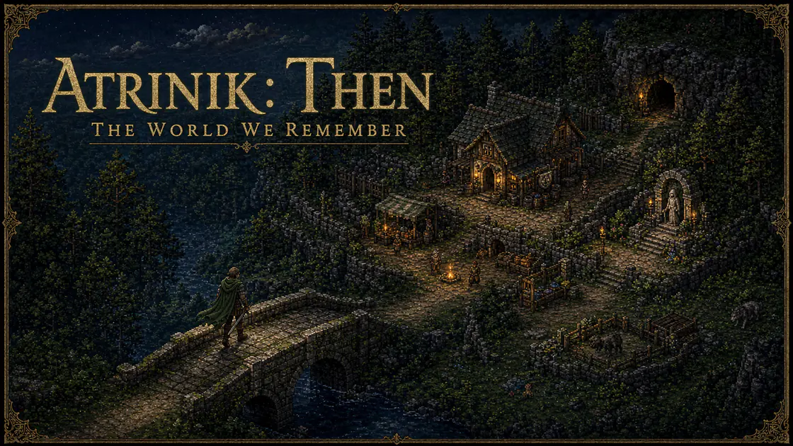 Fantasy poster titled ‘Atrinik: Then — The World We Remember,’ showing a cloaked traveler crossing a stone bridge toward a torchlit woodland settlement.